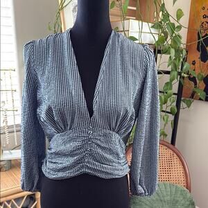 Zara Blue & White Gingham Deep V Long Sleeve Cummerbund Waist Blouse Top
